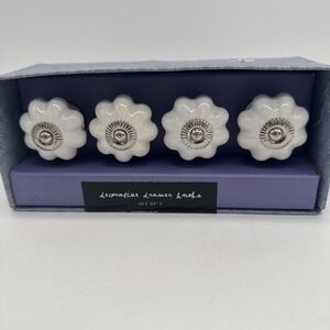Home Essentials Drawer Pull Knobs Round White And Silver Floral Set of 4 New